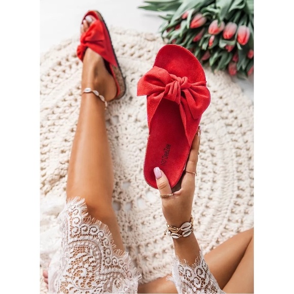 🍒 Vegan Suede BOW Slides 🍒 ***RED ONLY*** - Picture 2 of 6